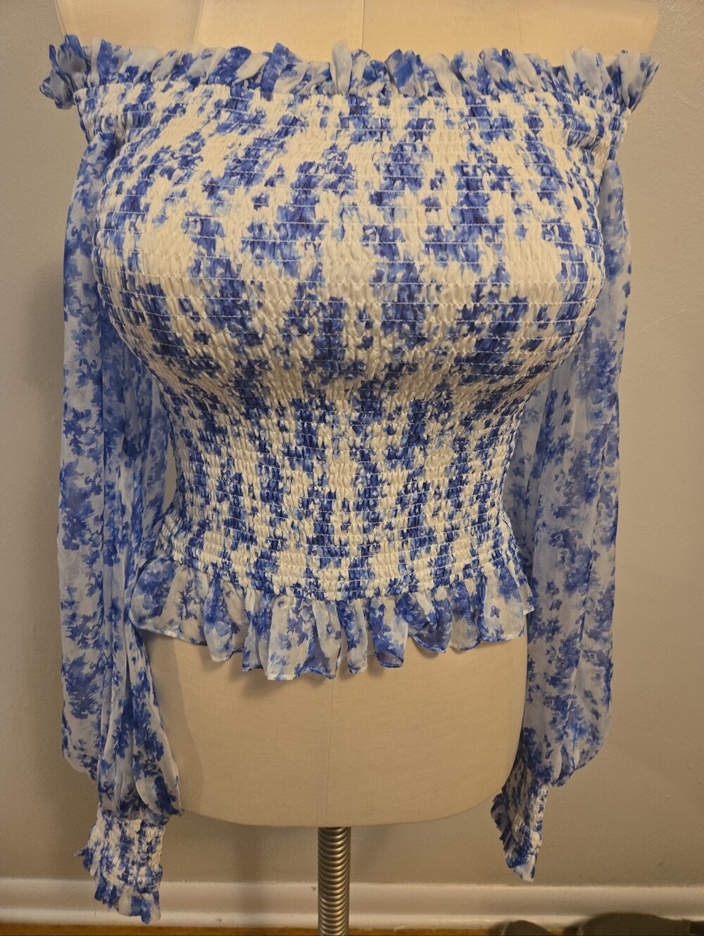 Caroline Constas 100% Silk Off Shoulder Pin Tuck Blouse Blue White Floral XS